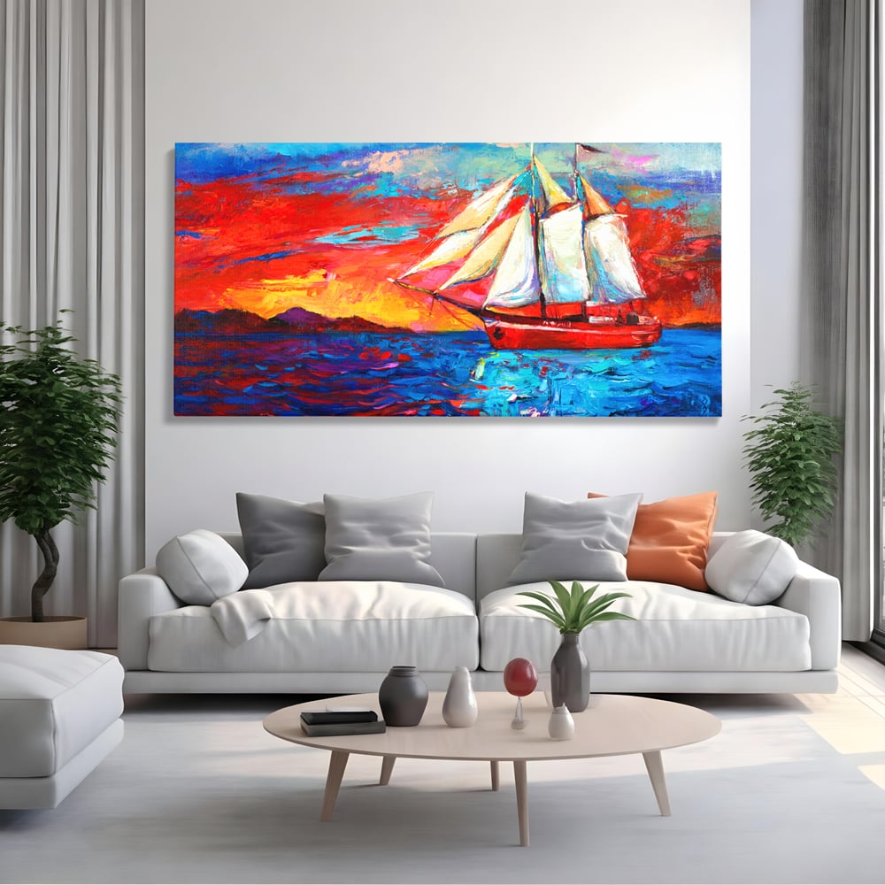 Tablou canvas cu tablou canvas cu vapor cu vele pe mare, fara rama, pe sasiu de lemn, pe perete intr-un living